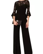 Adrianna Papell Jersey Lace Crew Neck Elbow Sleeve Ruffle Cuff Straight Leg Jumpsuit