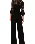 Adrianna Papell Jersey Lace Crew Neck Elbow Sleeve Ruffle Cuff Straight Leg Jumpsuit