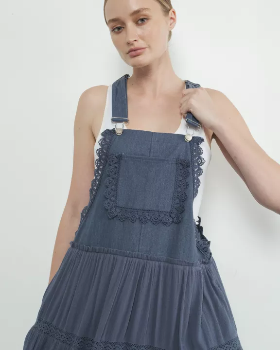 MAD2997 MIX MEDIA OVERALL DRESS WITH LACE