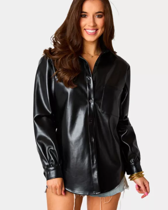 Brielle Vegan Leather Button Up Top - Black