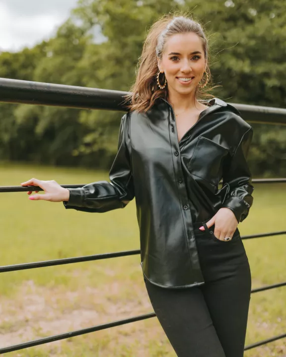 Brielle Vegan Leather Button Up Top - Black
