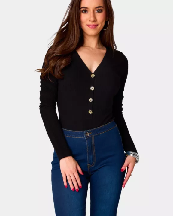 Holly Long Sleeve Button Up Bodysuit - Black