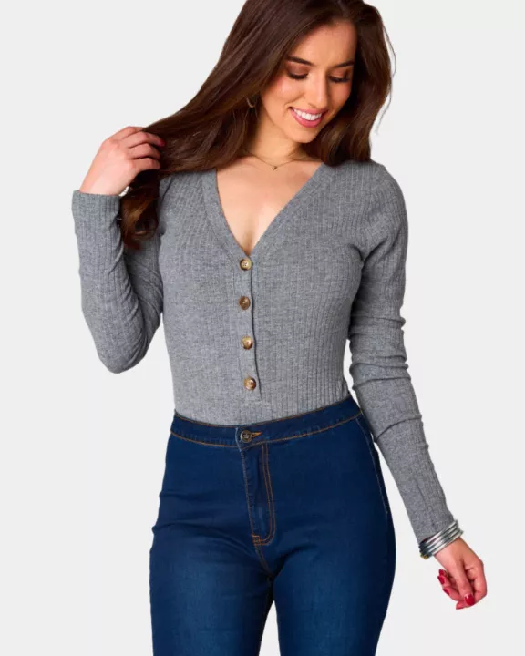 Holly Long Sleeve Button Up Bodysuit - Grey