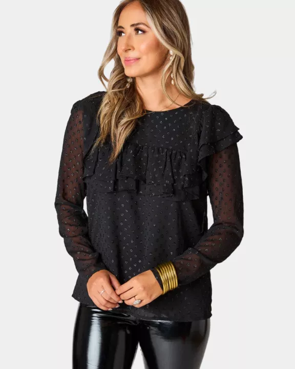 Prairie Ruffle Long Sleeve Top - Black Quartz