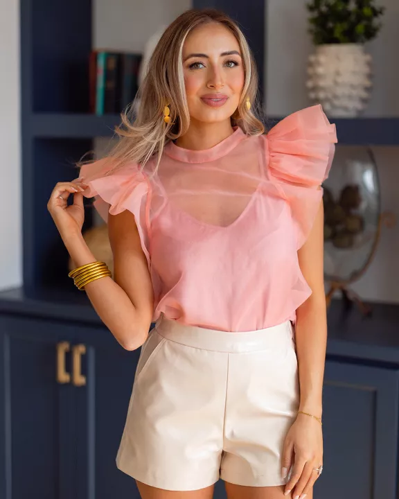 Kaycee Organza Ruffle Sleeve Top - Salmon