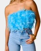 Fancy Strapless Feather Crop Top - Azure Blue