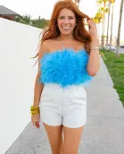 Fancy Strapless Feather Crop Top - Azure Blue