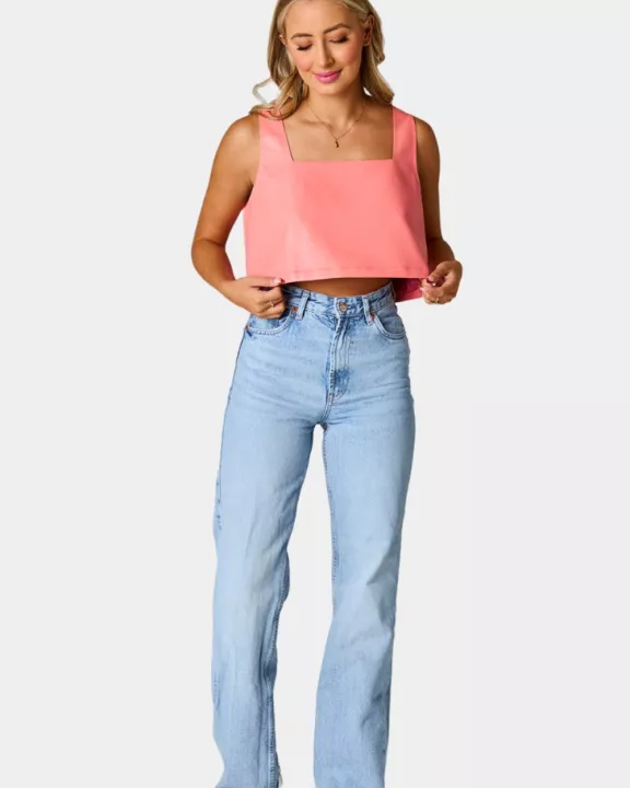 Manning Vegan Leather Cropped Tank Top - Coral