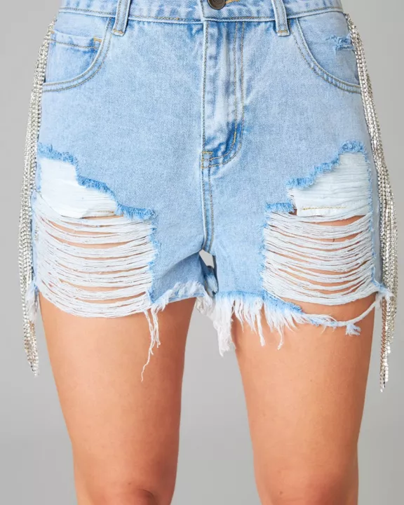 Raven Rhinestone Denim Shorts - Light Wash