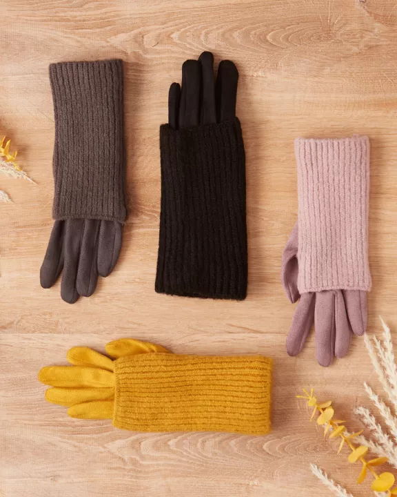 Three-In-One Knit Gloves - Mustard