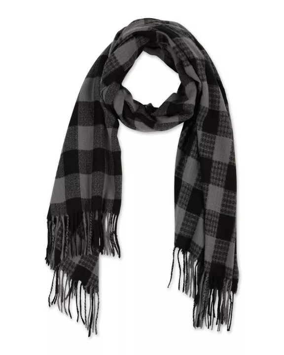 Denver Plaid Fringe Scarf - Black & Gray