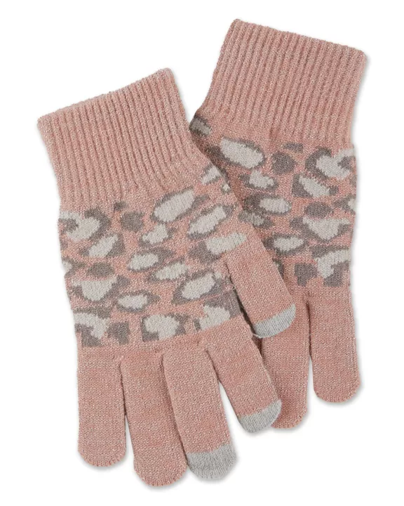 Sparkle Leopard Texting Knit Goves - Pink