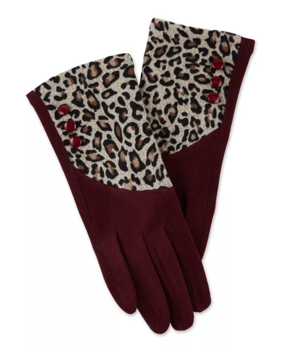 Leopard Button Gloves - Wine