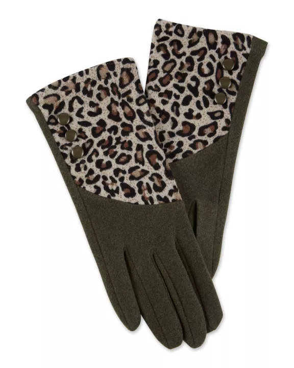Leopard Button Gloves - Green