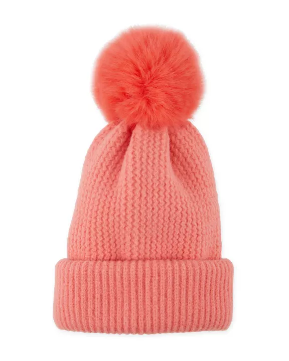 Plush Knit Pom Pom Beanie - Coral