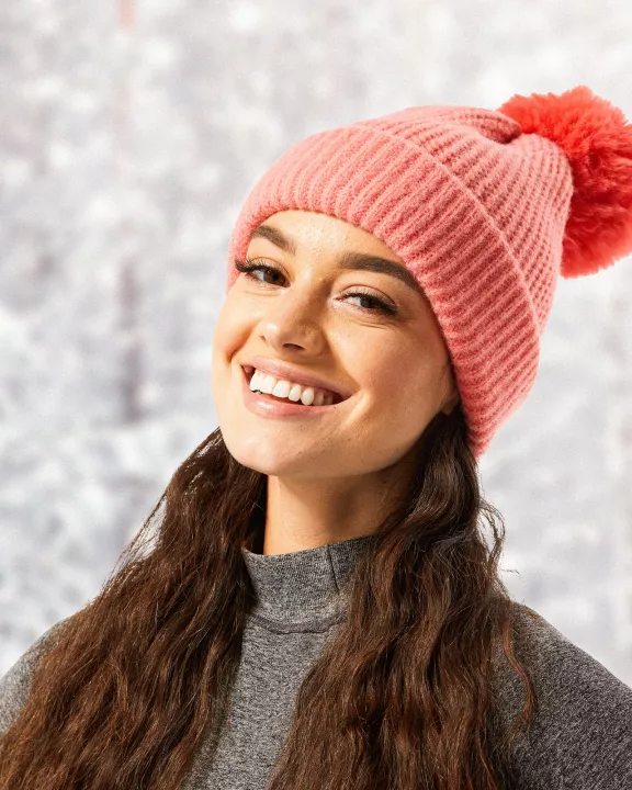 Plush Knit Pom Pom Beanie - Coral