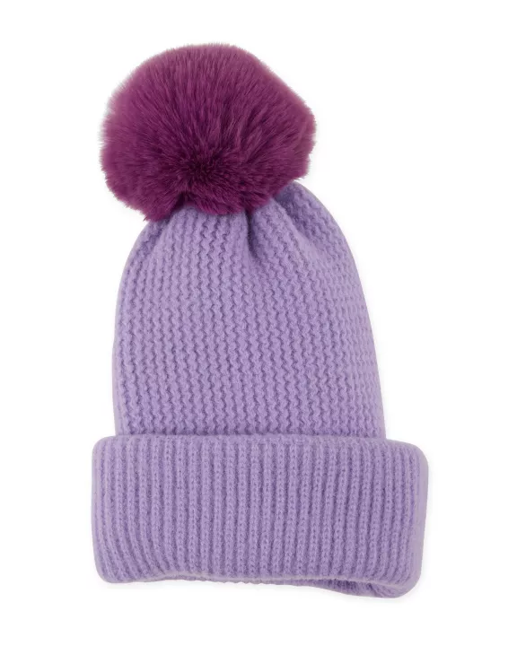 Plush Knit Pom Pom Beanie - Purple
