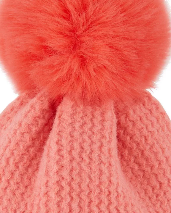 Plush Knit Pom Pom Beanie - Coral