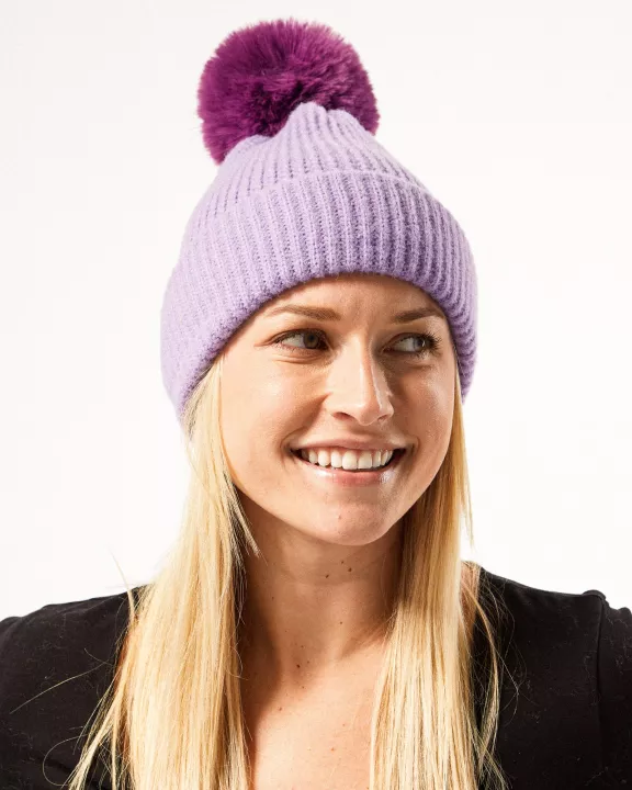 Plush Knit Pom Pom Beanie - Purple