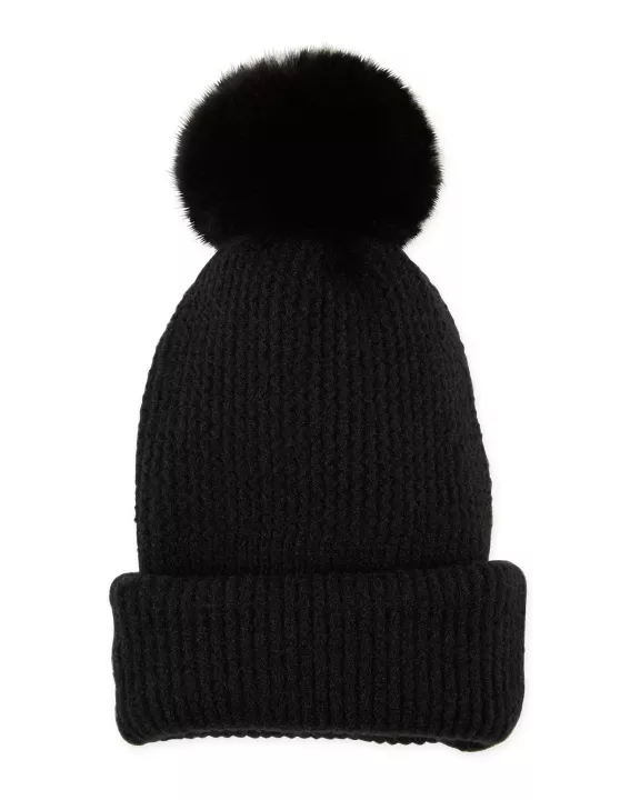 Plush Knit Pom Pom Beanie - Black