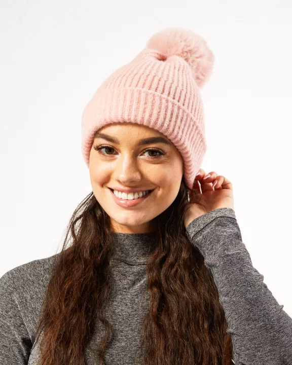 Plush Knit Pom Pom Beanie - Pink