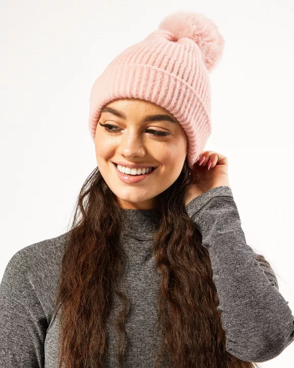 Plush Knit Pom Pom Beanie - Pink