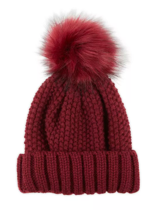 Snap On Pom Pom Beanie - Wine