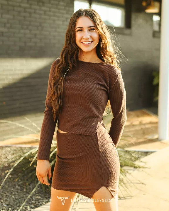 Brown Knit Ribbed Long Sleeve Turtle Neck Top W Skirt Set