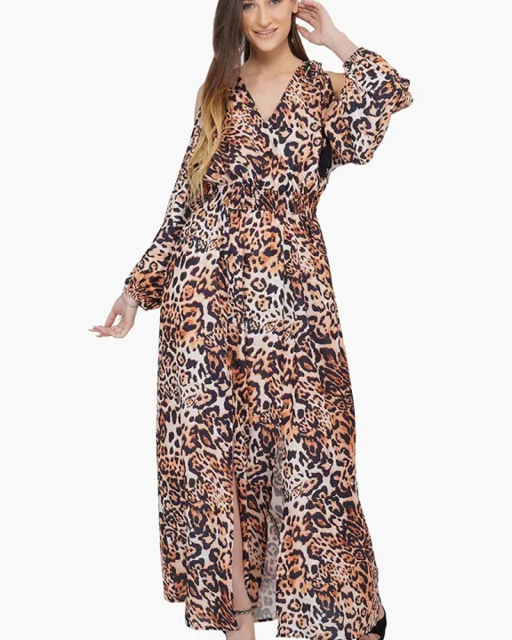 Set of 6 Brown Leopard Cold Shoulder Maxi Dress (S,M,L)