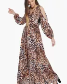 Set of 6 Brown Leopard Cold Shoulder Maxi Dress (S,M,L)