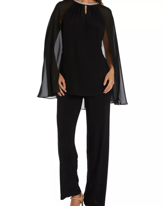 R&M Richards Rhinestone Neck Capelet Tunic Pant Set Jumpsuit