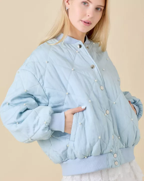 Quilted Denim Bomber Jacket With Pearl Trim