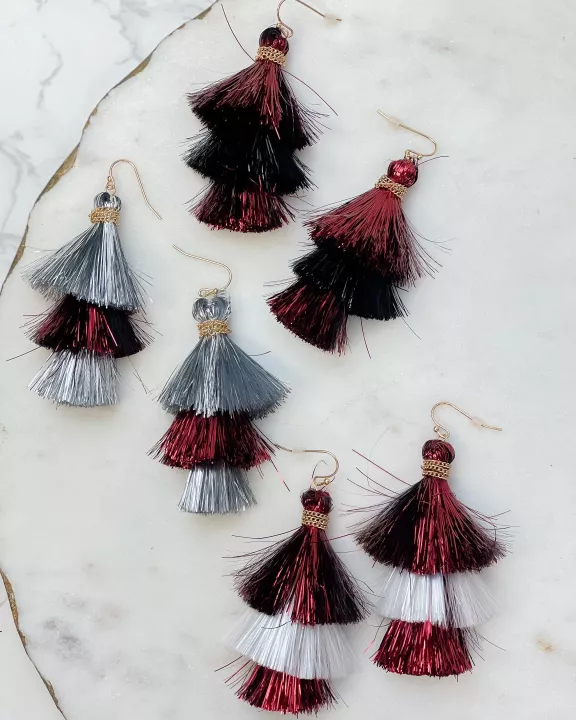 Tinsel Tiered Tassel Earrings - Silver & Burgundy