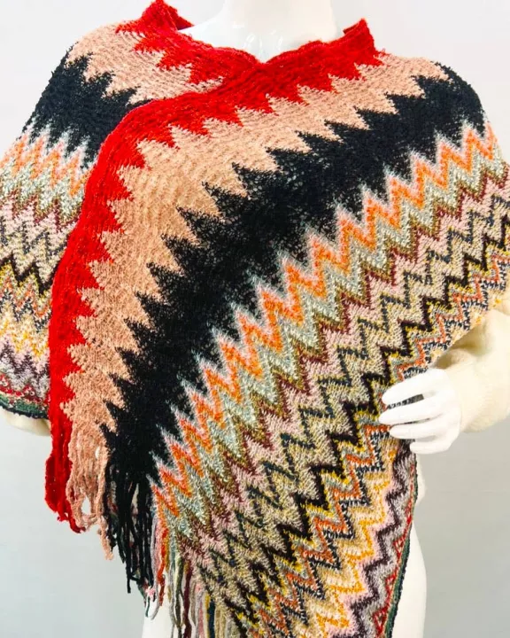 VIA FIORE Red Stripe Scarf Poncho Cozy Winter Fashion Wrap