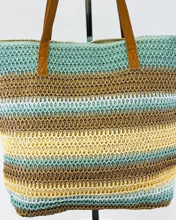 VIA FIORE Stripe Fashion Tote Bag Green