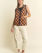 PLUS SIZE SLEEVELESS V-NECK CHECKERED VEST