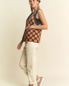 PLUS SIZE SLEEVELESS V-NECK CHECKERED VEST