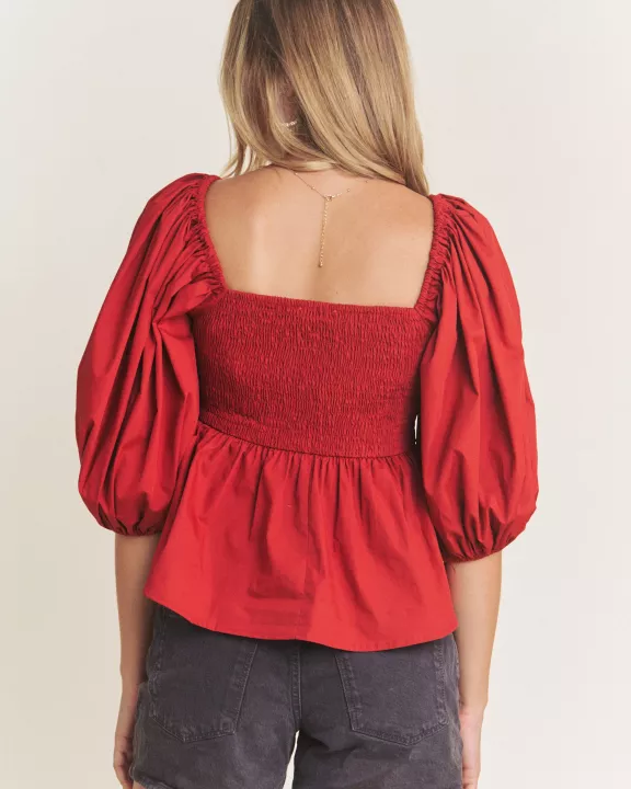 PLUS SIZE BUST 1/2 PUFF SLEEVE PEPLUM TOP