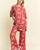 PLUS SIZE CHEETAH PRINT TOP/STRAIGHT LEG PANTS SET