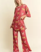 PLUS SIZE CHEETAH PRINT TOP/STRAIGHT LEG PANTS SET