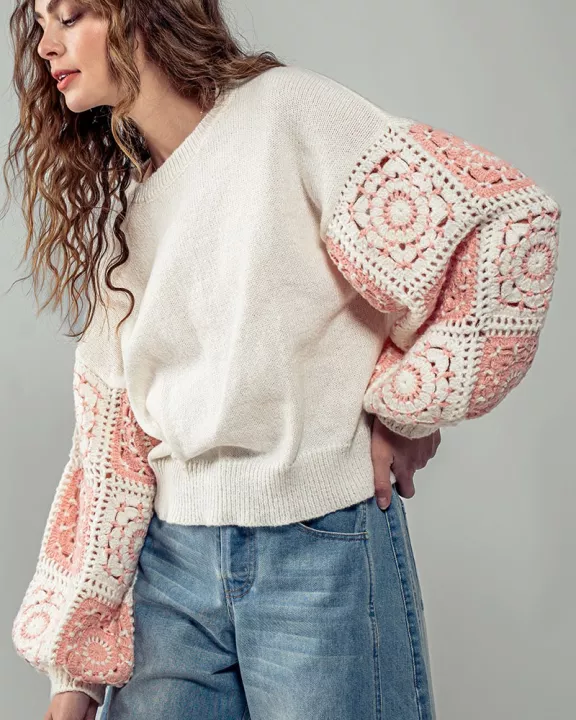 Quilt Blocked Sleeve Crewneck Sweater