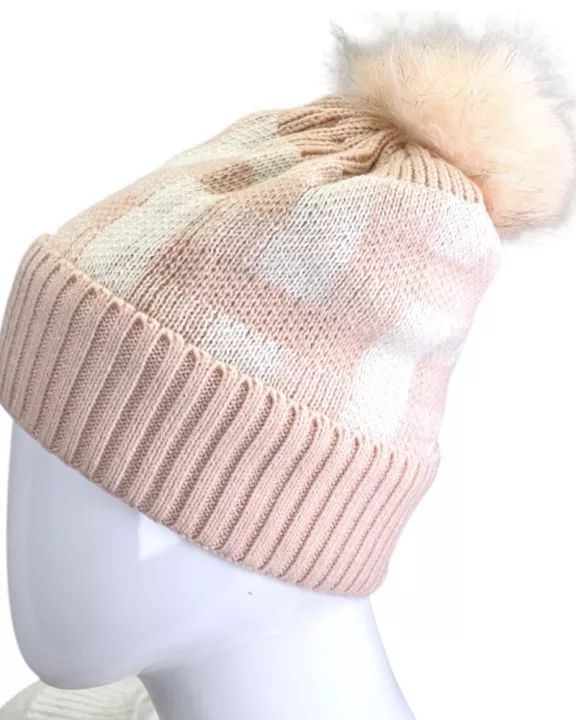 VIA FIORE TRENDY PINK PLAID KNIT BEANIE WINTER HAT