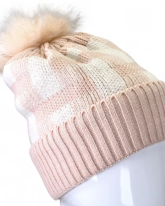 VIA FIORE TRENDY PINK PLAID KNIT BEANIE WINTER HAT
