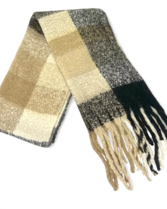 VIA FIORE ELEGANT BEIGE PLAID SCARF WITH FRINGES