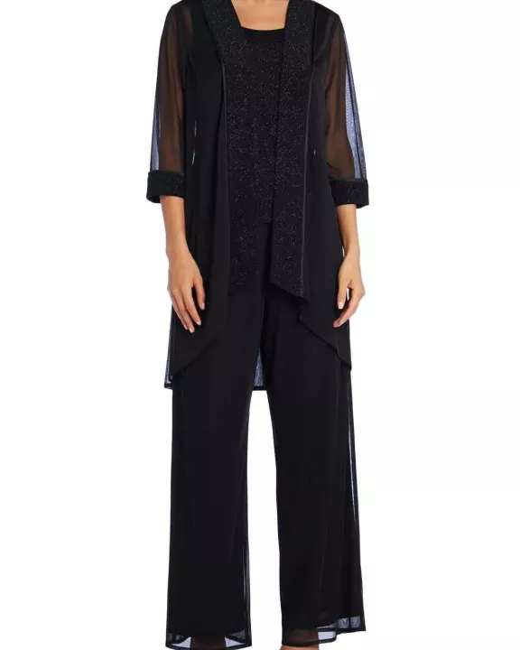 R&M Richards Scoop Neck Glitter ITY and Matte Duster Pants Set (Three Piece)