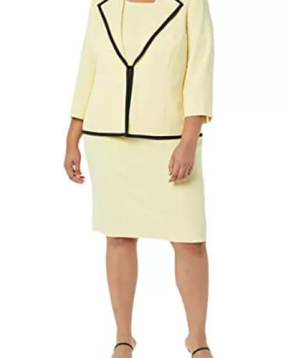 Le Suit Round Neck Sleeveless Zipper Back Banded Crepe Dress with V-Neck 3/4 Sleeve Lapel Collar Hook Closure Banded Crepe Jacket (Plus Size)