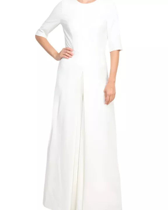 Kay Unger jewel neck elbow sleeve pleated front fitted bodice wide legs zipper back scuba crepe jumpsuit