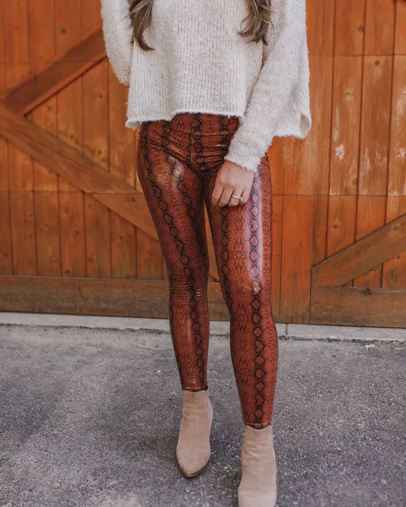 Mila Patent Vegan Leather Legging - Cognac Snake