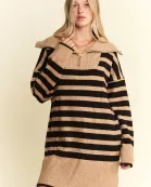 Striped Zipper Front Collared Sweater Dress