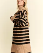 Striped Zipper Front Collared Sweater Dress